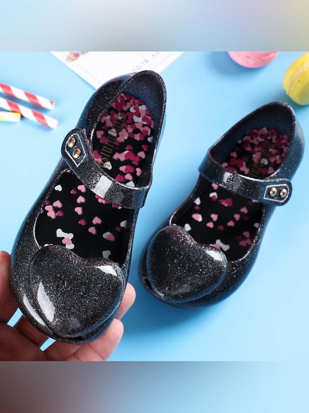 Mini Melissa Black Glitter Heart Mary Jane Shoes